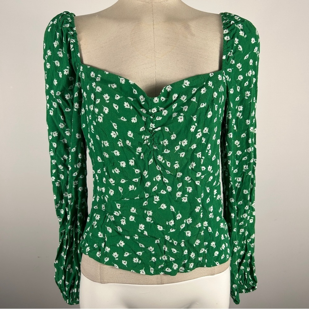 H&M Green Ditsy Floral Peasant Blouse Sweetheart Neck Milkmaid Top M ❤️